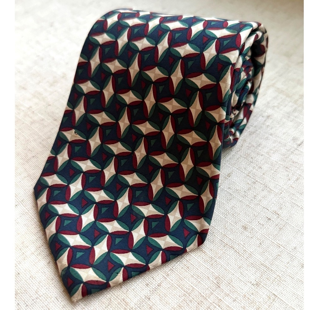 Brooks Brothers Mens Silk Tie Navy Blue Burgundy Green Geometric Medallion USA